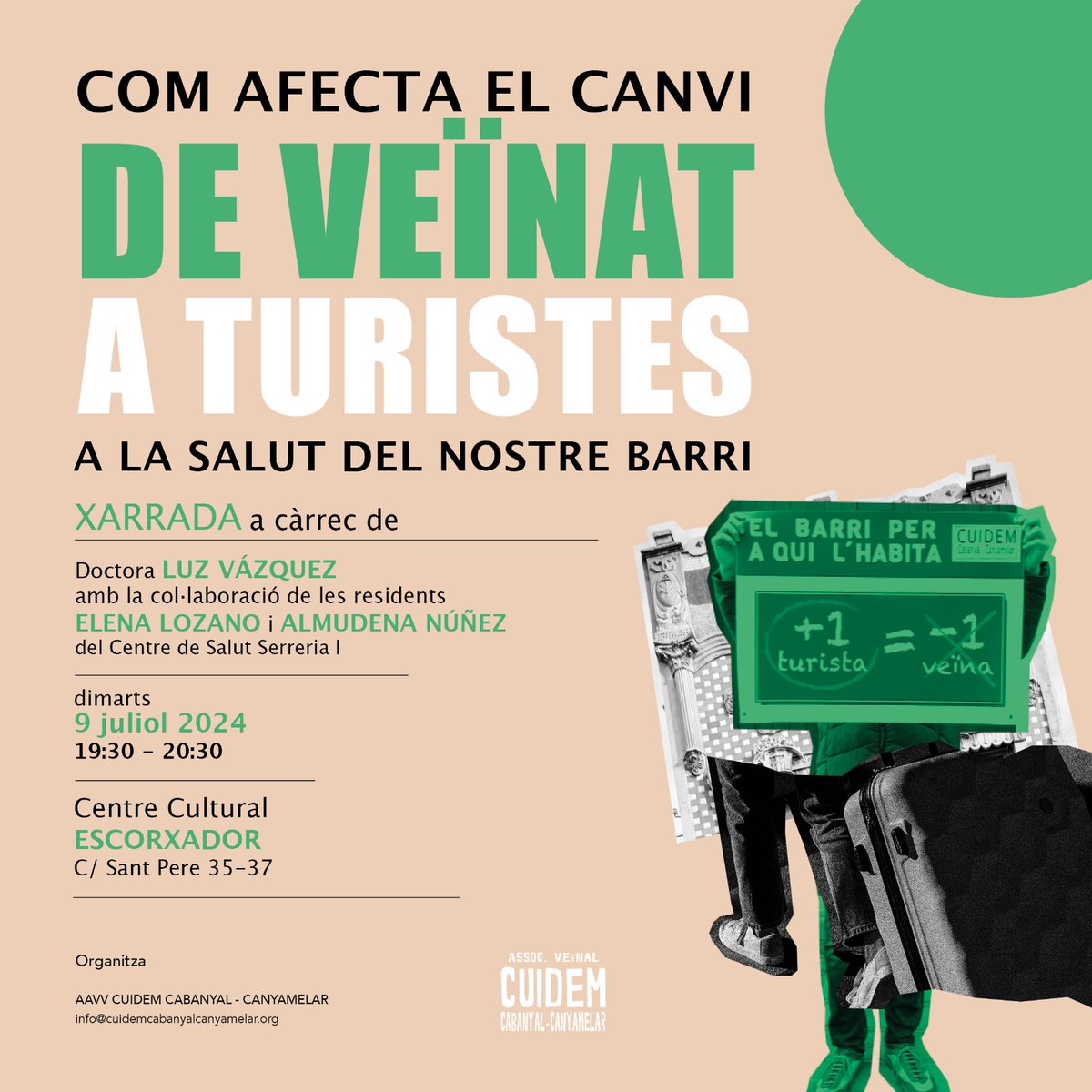 CuidemCC's tweet photo. El impacto de la turistificación sobre vecinos y vecinas es enorme. El encarecimiento de la vivienda y la falta de comunidad empeora la salud mental y física.
Hablaremos de ello con la Dra. Luz Vázquez, del Centro de Salud Serrería I, este martes 9-J, 19.30h en el CC l’Escorxador https://t.co/yA9qb0aS8M