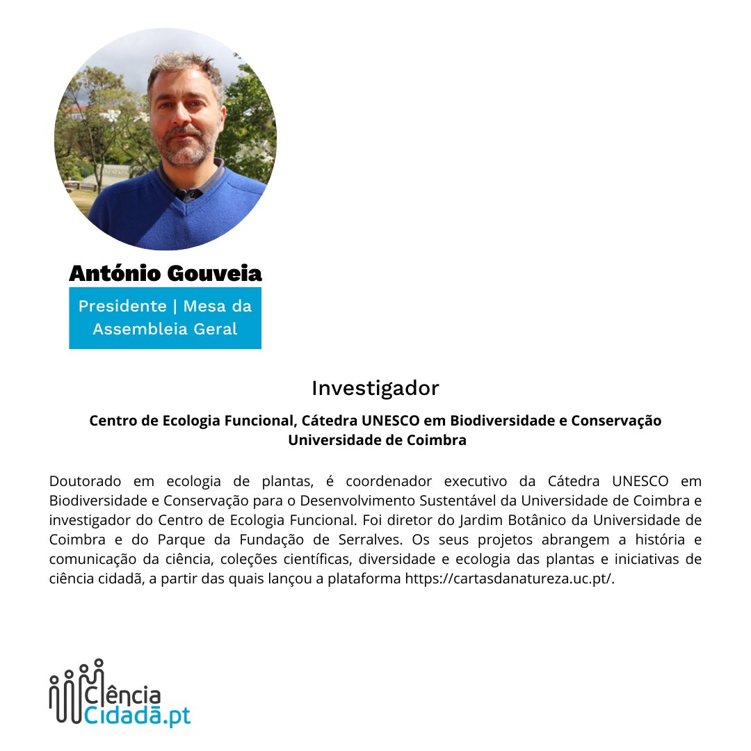 🚨 Hoje é o dia de apresentar o Presidente da Mesa da Assembleia Geral da <a href="/RedeCC_PT/">Rede Portuguesa de Ciência Cidadã</a>: António Gouveia!
➡️ É investigador na Universidade de Coimbra e desenvolve, além de investigação na área da ciência cidadã, projetos que utilizam os dados da ciência cidadã.
Pode saber mais⤵️