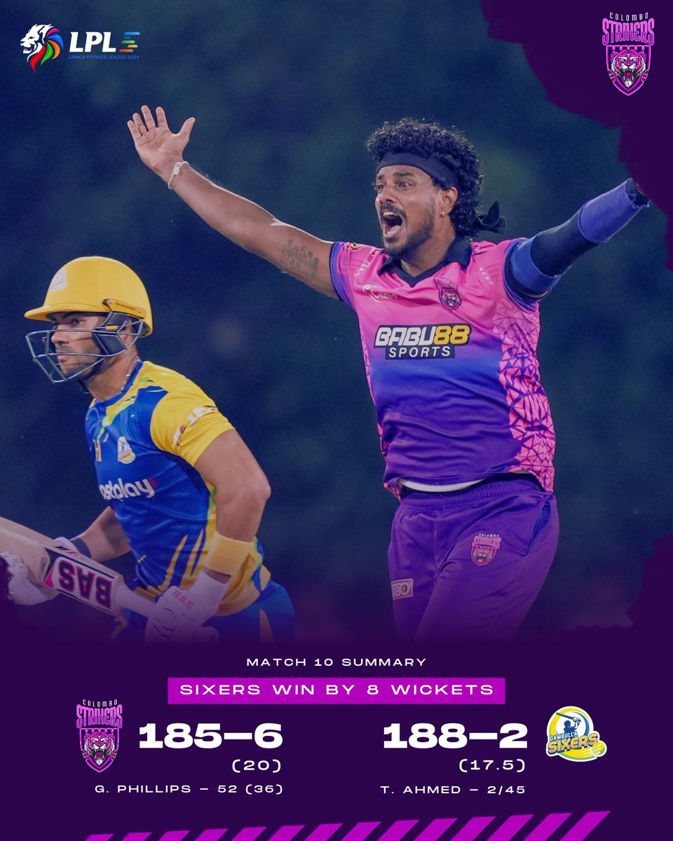 ColomboStrikers's tweet photo. Tough result tonight!

#ColomboStrikers #LPL #StrikeToConquer #TheBasnahiraBoys #HouseOfTigers #Lankapremierleague #CSvsDS https://t.co/Zq36iey3ys