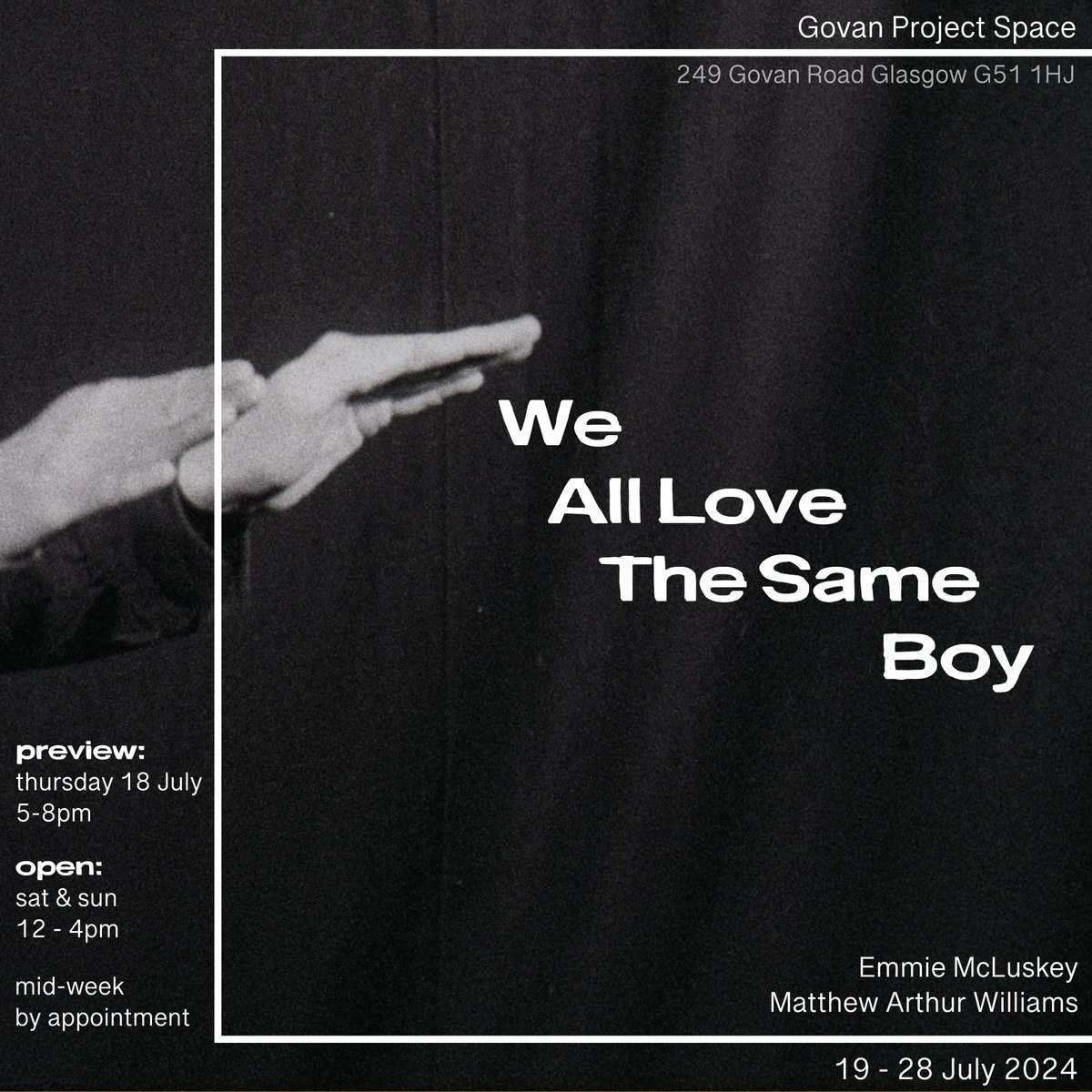 GLASGOW - Come join us for the opening of We All Love The Same Boy, an exhibition of new work by me and @matthewarthurw 18th July 2024 5-8pm at Govan Project Space! Open 19-28th July. :-)