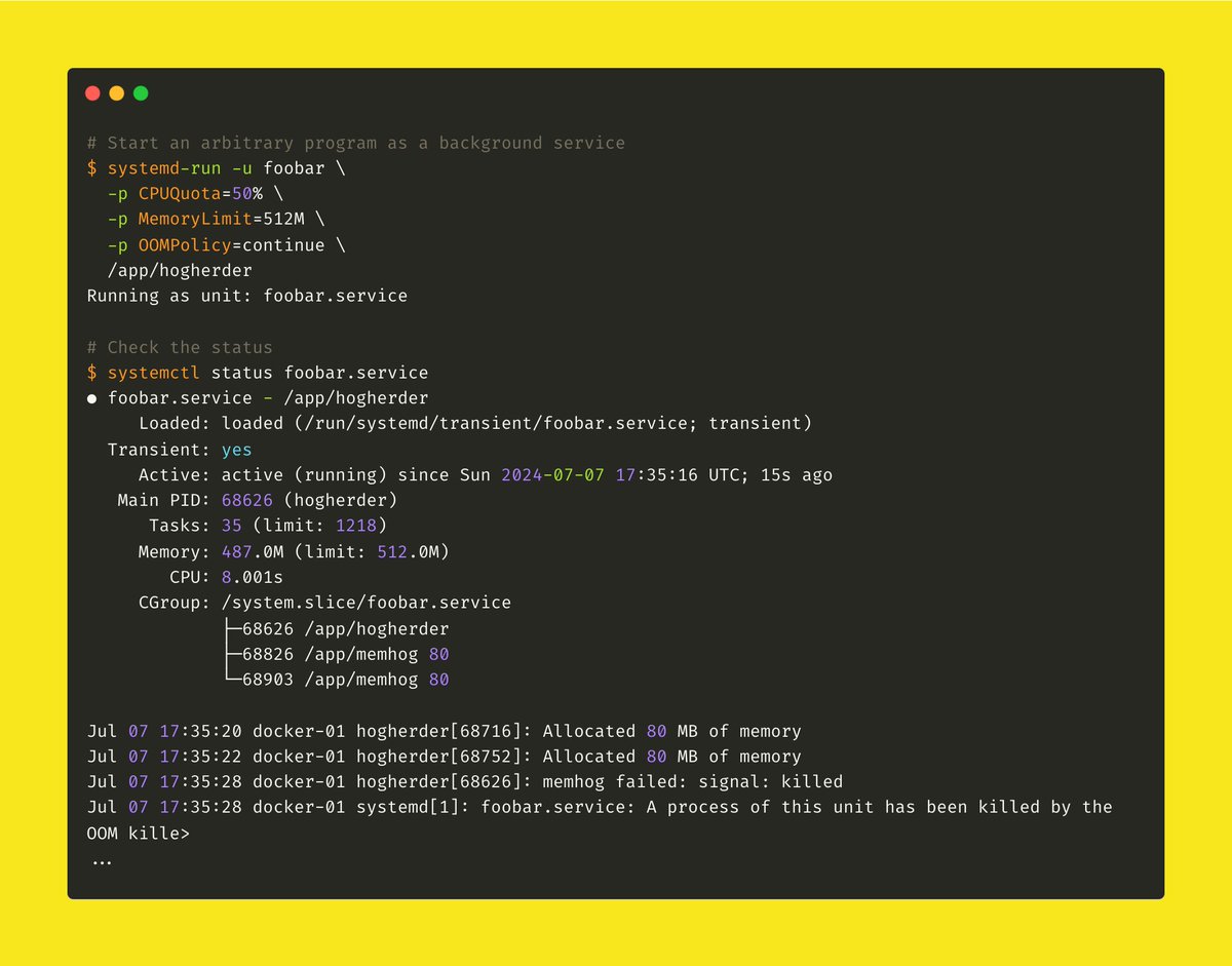 TIL: systemd-run ❤️‍🔥

Turns out, I can run arbitrary programs as background services with a simple: systemd-run </path/to/exe>

It's officially my new fav way to demonize long-running tasks:

- No more forgotten nohup
- Handy resource limits
- Status and logs out of the box