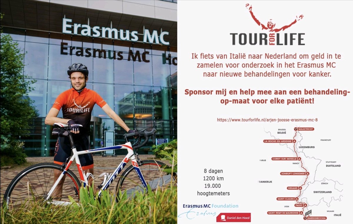 Wil je mij steunen? 
tourforlife.nl/arjen-joosse-e…

In augustus fiets ik de Tour for Life; van Italië naar Nederland om geld in te zamelen voor meer onderzoek naar gepersonaliseerde behandelingen voor kanker in het Erasmus MC kanker instituut.