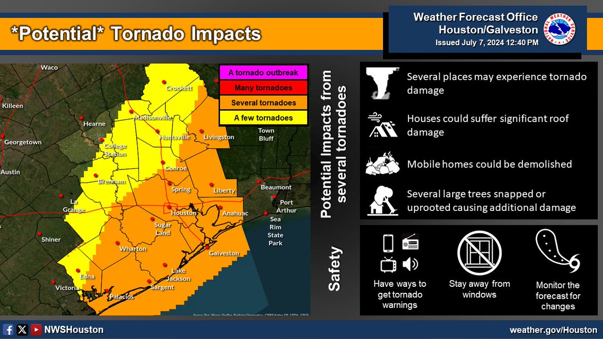 Here's the latest update on potential impacts for Southeast TX from #Beryl. These graphics indicate the *greatest potential* impacts based on the latest forecast (10am Sunday).