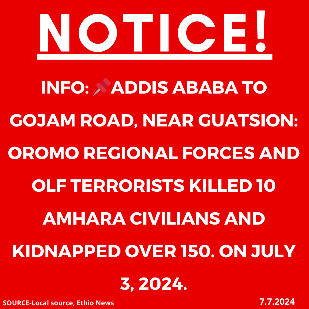 INFO: 📌Addis Ababa to Gojam road, near GuaTsion: Oromo regional forces and OLF terrorists killed 10 Amhara civilians and kidnapped over 150. on July 3, 2024.

#Ethiopia #xotrin #Amharagenocide #Amharamassacre #OromoENDFmurdersAmharacivilians #OromoENDFkillings
