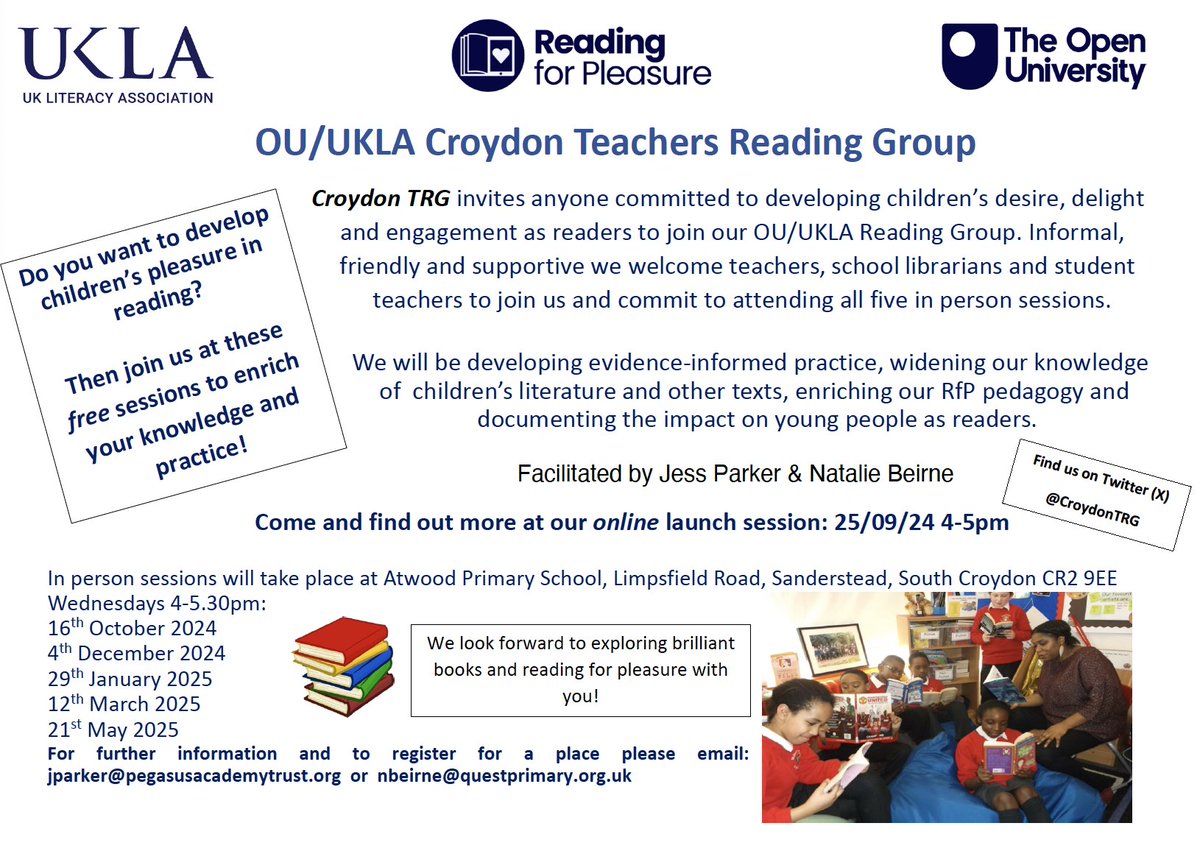 OU/UKLA Croydon TRG (@croydontrg) on Twitter photo We are getting our Croydon TRG ready for a September launch. We have a flyer! And dates! And a venue! Please share 😃<a href="/OpenUni_RfP/">Reading for Pleasure 🧶</a> We are getting our Croydon TRG ready for a September launch. We have a flyer! And dates! And a venue! Please share 😃<a href="/OpenUni_RfP/">Reading for Pleasure 🧶</a>