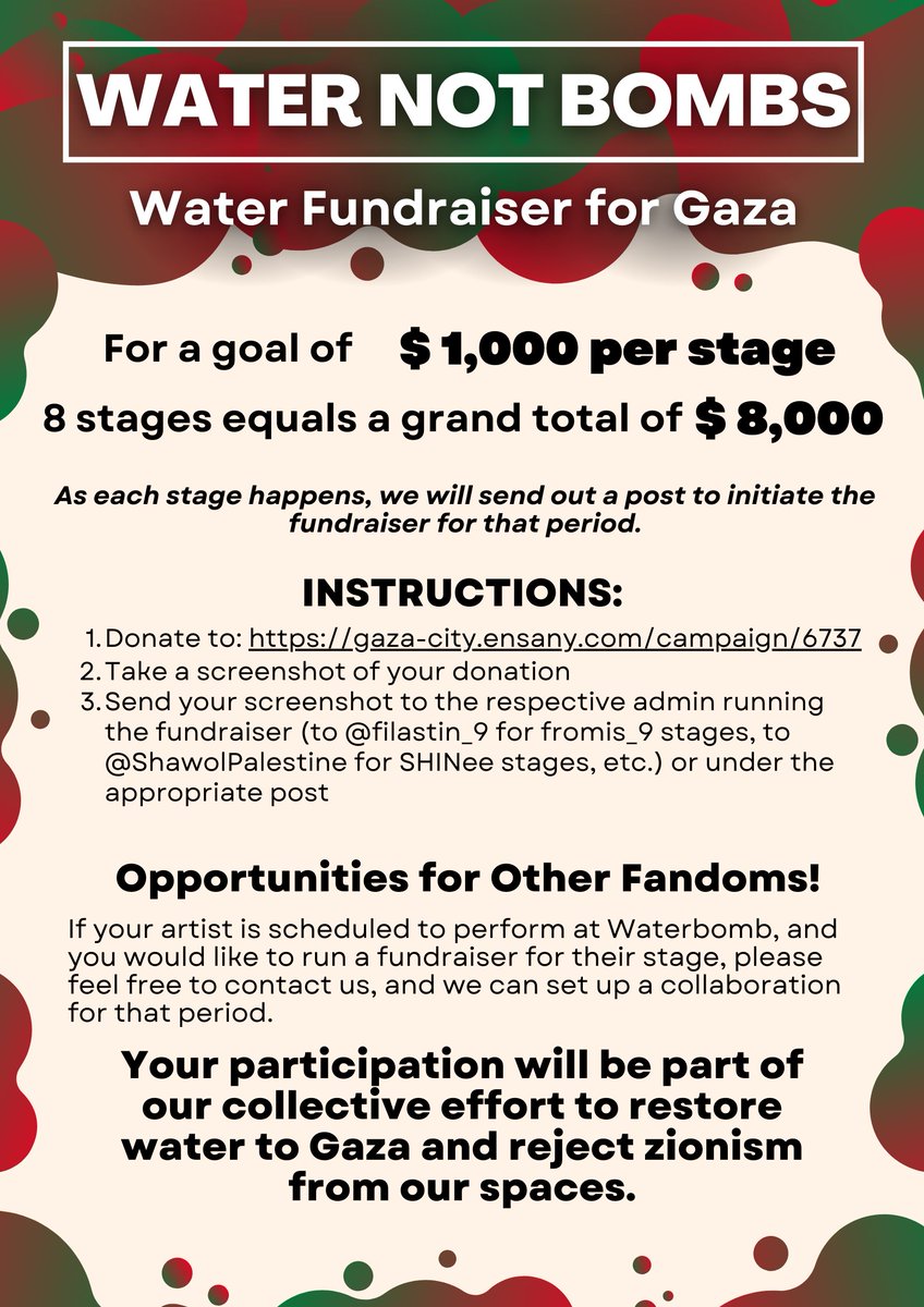 filastin_9's tweet photo. Hello flover, Shawol, and all our friends!

We are teaming up with @ShawolPalestine for a fundraiser for @munigaza for the whole length of the festival.

This is an open campaign that any fan of any act performing at WB can participate in.

#WATER_NOT_BOMBS

More details below⬇️ https://t.co/PVVzJ9moTZ