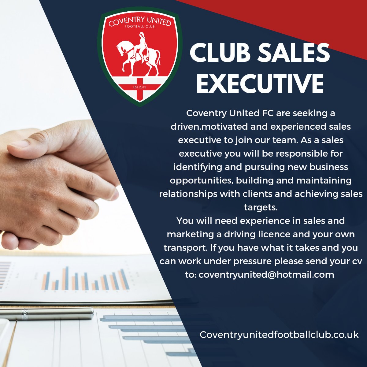 CovUnited's tweet photo. Coventry United Football Club have an exciting vacancy of a Club Sales Excutive.

This will be a paid role 30 hours per week.

Please email further details  Coventryunited@hotmail.com https://t.co/6sUoAyIIre