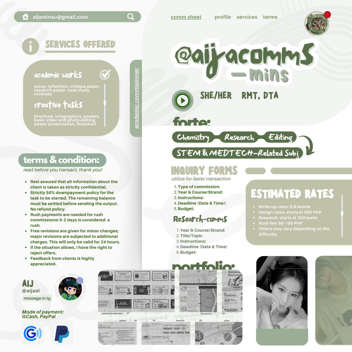 aijacomms's tweet image. Hello there comms twt! Mins here!

♡⸝⸝ Open for rush, non-rush, light and heavy comms; DM is the key!

—  Quality output
—  Immediate service
—  Offers suggestions

Forte: Research, STEM and medtech subj
t. acad commission clients service help