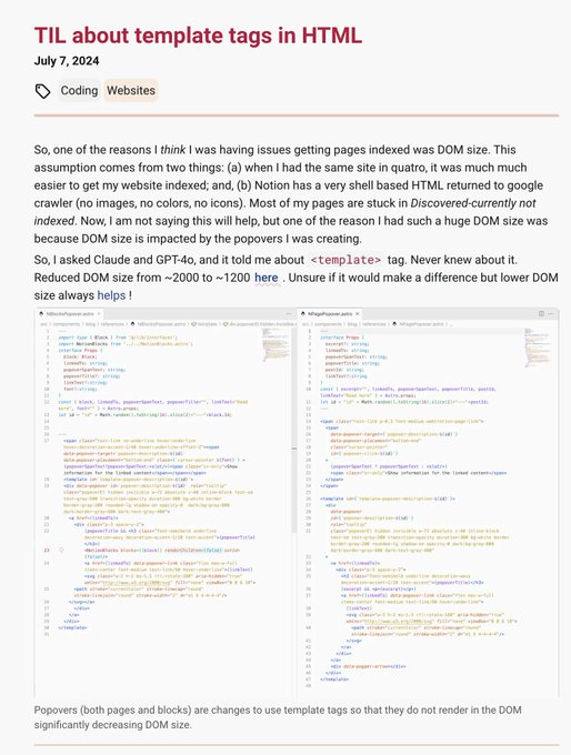 Popovers, both pages and blocks, now use template tags to avoid rendering in the DOM, significantly reducing its size.

Image of text from link: https://nerdymomocat.github.io/posts/til-about-template-tags-in-html/