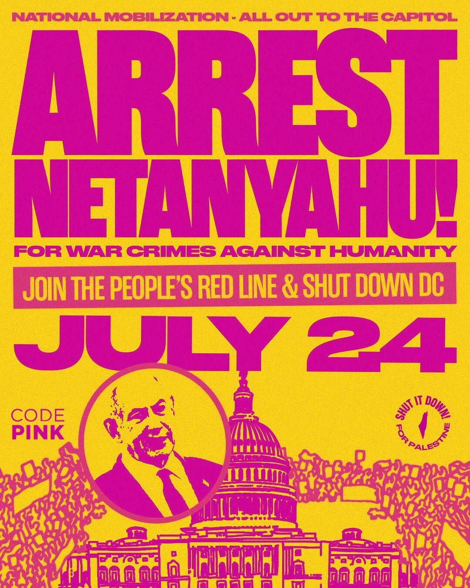 codepink's tweet photo. 🚨 ARREST NETANYAHU! 🚨

Congress has shamefully invited the genocidal war criminal to address them. On July 24th, we are taking action to show Netanyahu he is NOT welcome in D.C.

🚌 Buses scheduled
🔴 Wear red (+ pink!)

RSVP:
https://t.co/v1H8Ou7rzd https://t.co/vFhNcAFwSb