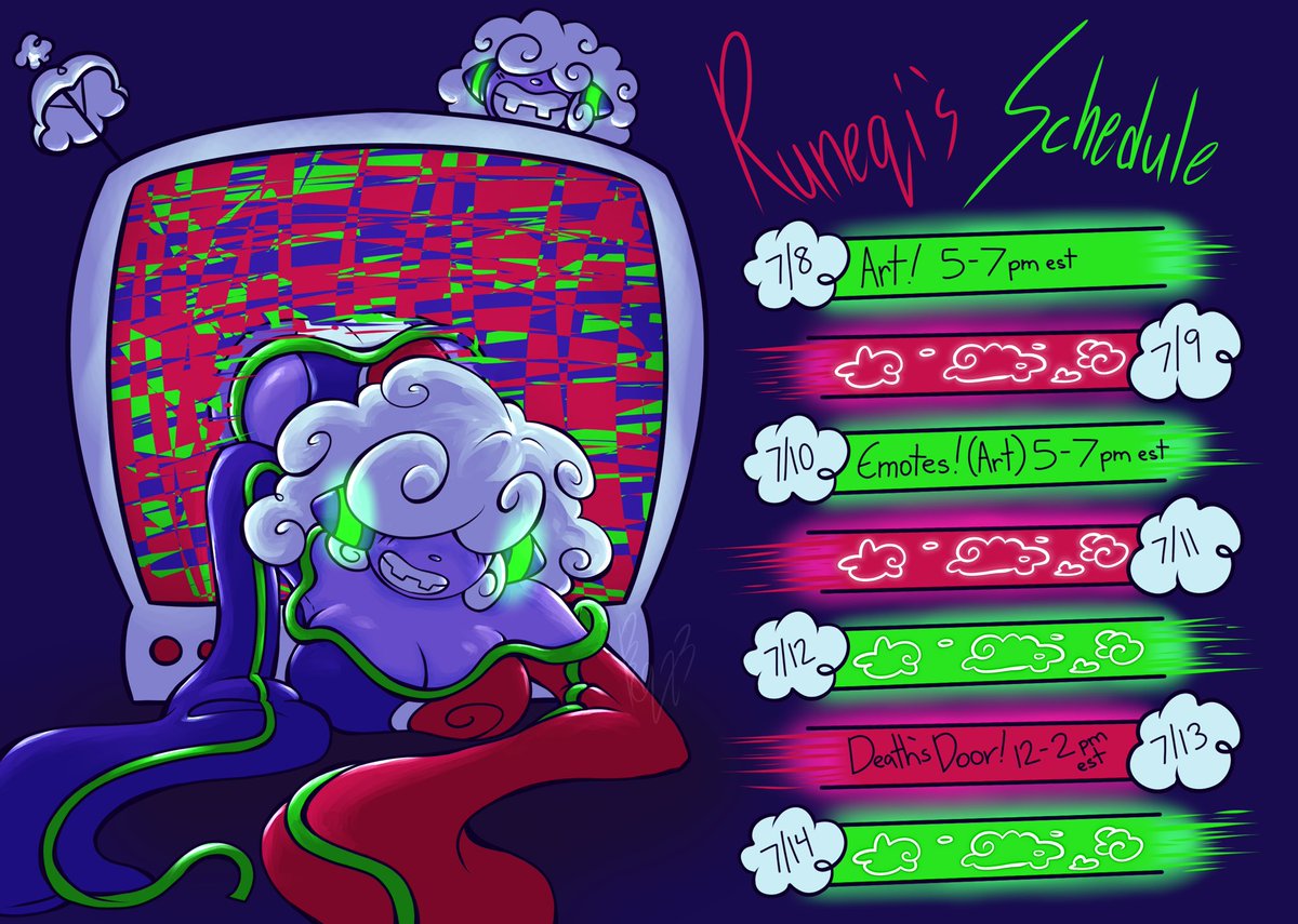 ☁️Stream Schedule 7/8-7/14☁️

Hope to see u there! 💜
#vtuberschedule #vtuber #pngtuber #engtuber #vtuberartist