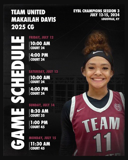 Makailah Davis (@makailahdavis) on Twitter photo My schedule for EYBL session 3!! Come check me and <a href="/TUGirlsBB/">Team United Girls</a> out this weekend!! My schedule for EYBL session 3!! Come check me and <a href="/TUGirlsBB/">Team United Girls</a> out this weekend!!