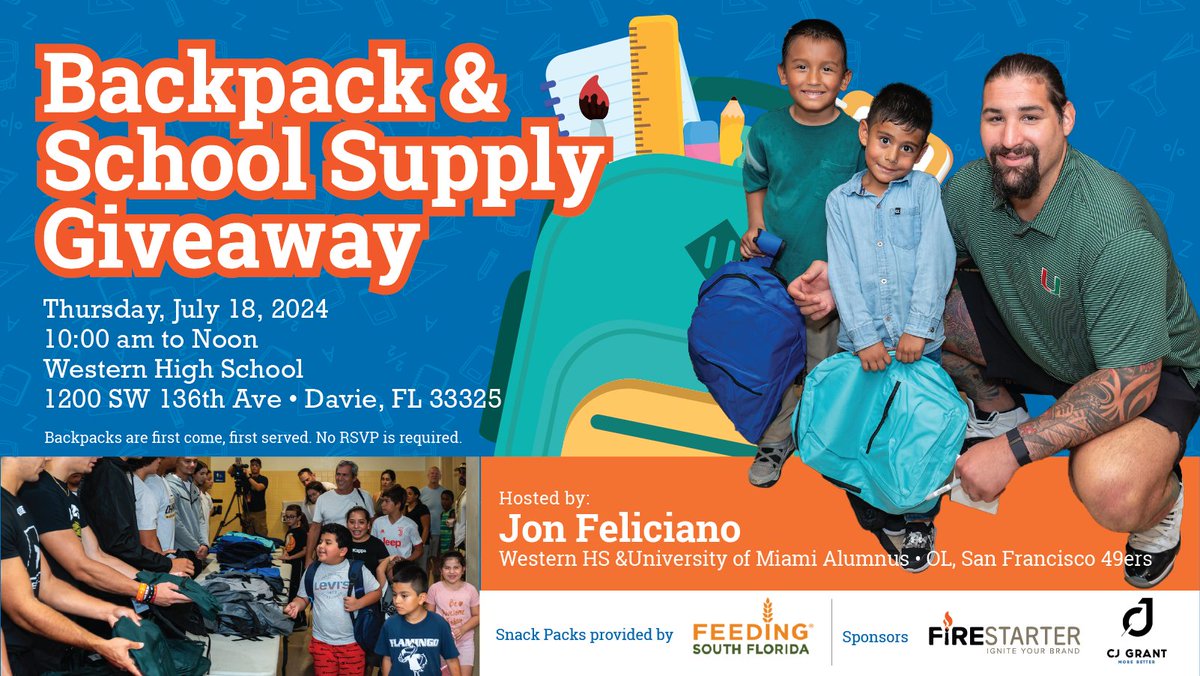 Frances Reimers (@yourfirestarter) on Twitter photo Time for 49ers OL <a href="/MongoFeliciano/">Jonathan Feliciano</a>'s 4th Annual Backpack & Supply Giveaway at his alma mater, Western High School in Davie, FL! Thank you to <a href="/FeedingSouthFL/">Feeding South Florida®</a> and CJ Grant for their incredible support in making this initiative possible. Time for 49ers OL <a href="/MongoFeliciano/">Jonathan Feliciano</a>'s 4th Annual Backpack & Supply Giveaway at his alma mater, Western High School in Davie, FL! Thank you to <a href="/FeedingSouthFL/">Feeding South Florida®</a> and CJ Grant for their incredible support in making this initiative possible.