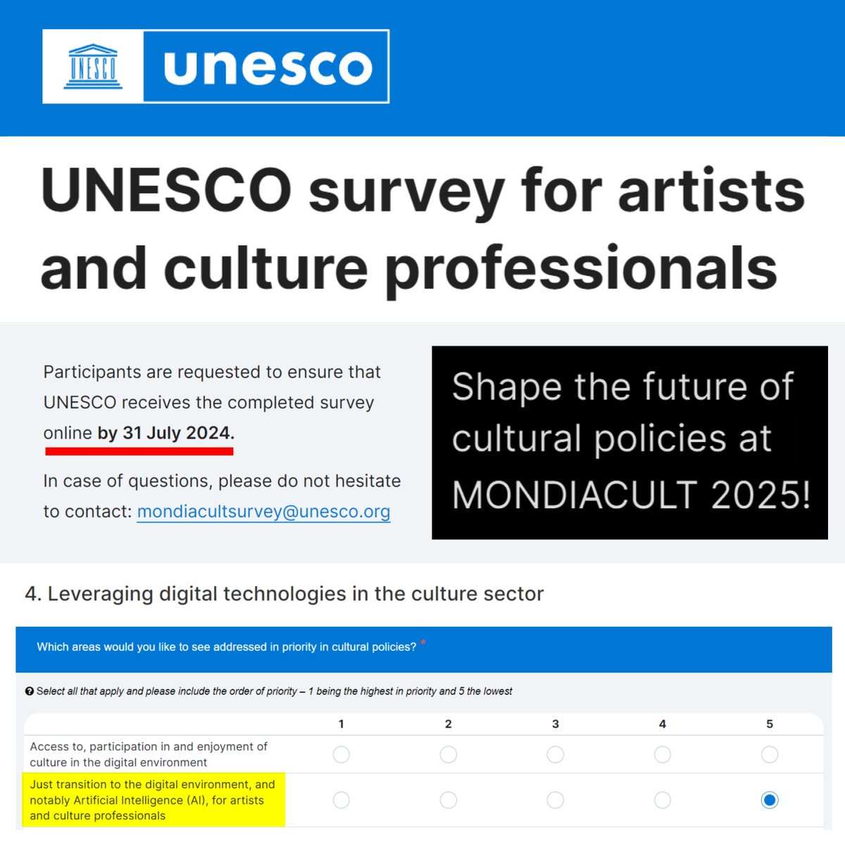 ArteEsEtica's tweet image. Siguiendo los pasos de Adobe, ahora parece que la UNESCO quiere escuchar la opinión de los artistas y profesionales de la cultura respecto al impacto de la IA generativa en nuestros sectores 😈 

unesco-2023.limesurvey.net/556547?lang=en

⏰ ENCUESTA ABIERTA hasta el 31 de Julio.