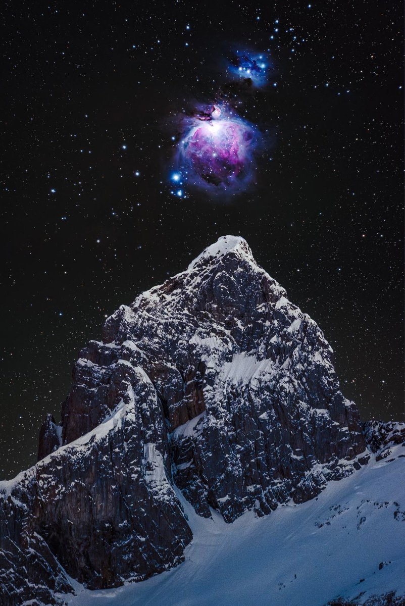 MAstronomers's tweet photo. The Great Orion Nebula above a Mountain in Switzerland 

📸 Composite by Mike Wong https://t.co/hXpS6bmy9B
