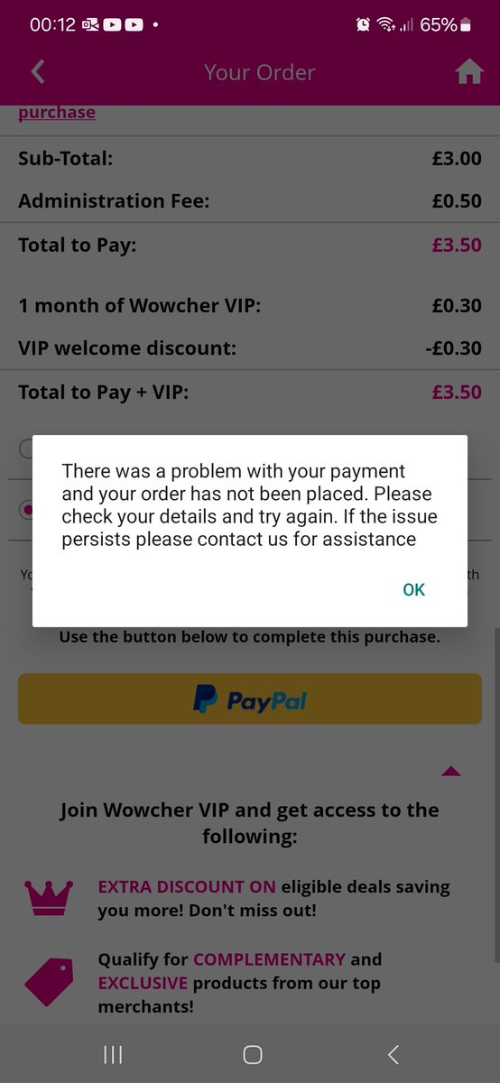 beckielou1983's tweet photo. @Wowcher_Support trying to purchase an item, but no matter what payment method I choose, I get a message saying there is a problem. Can you help, please? https://t.co/AR2aVbm5Ux