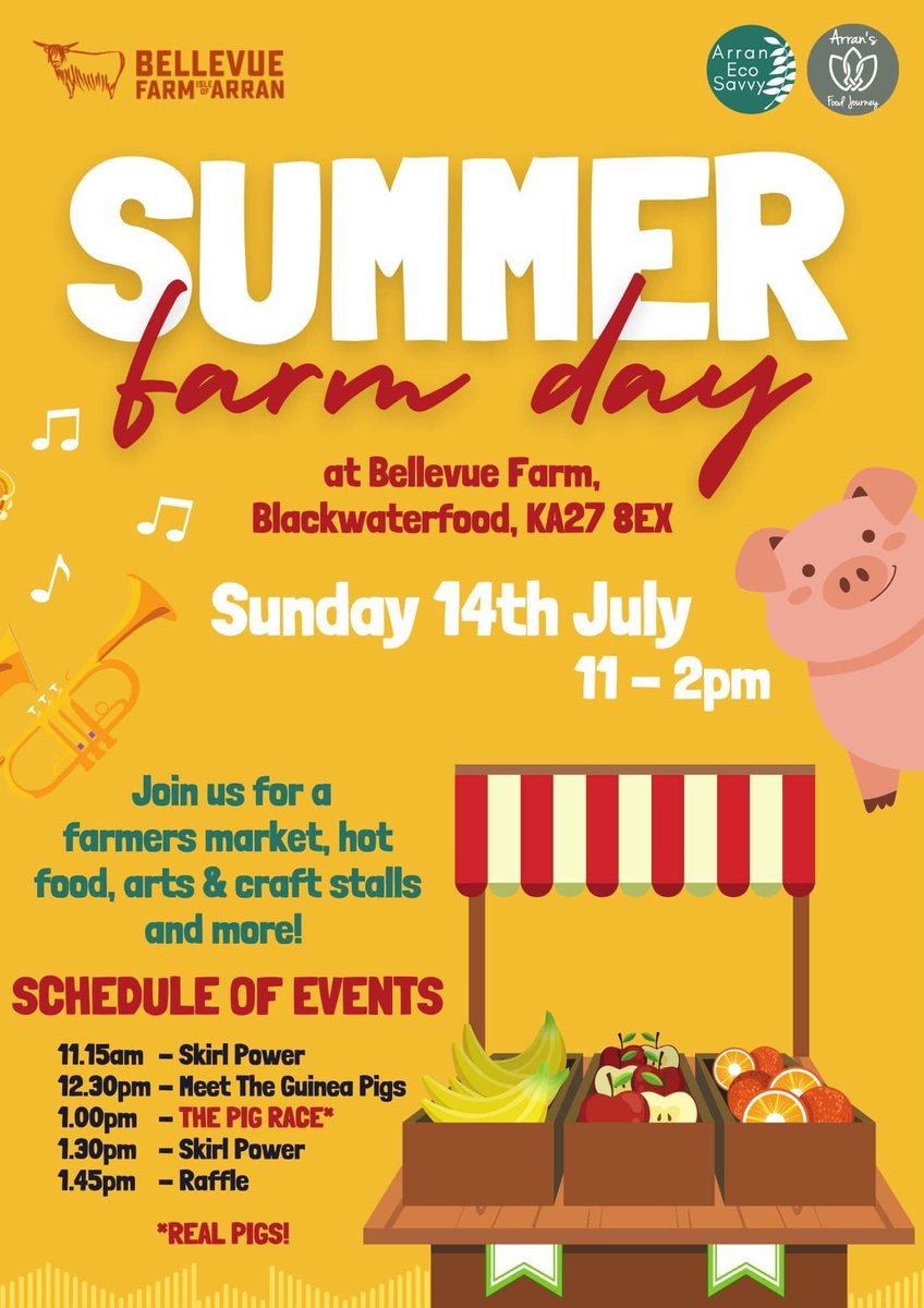 One week till our next Arran’s Farmers Market Bellevue! Pig racing and there’s going to be a tractor run! 
You don’t want to miss it!😉🐐🚜🐖
Pleaase share!!!!

#visitarran #calmac #scotfooddrink #arranslarder #farmersmarket #gorural