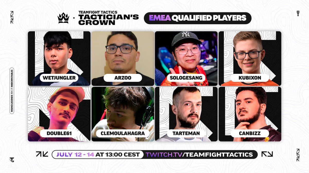 🏆 Meet the 8 EMEA representatives for the Inkborn Fables #TFTCrown 🏆

⚔️ <a href="/Wetjungler/">Wet Jungler</a>                  ⚔️ <a href="/arzoo_tft/">Arzoo</a>
⚔️ <a href="/sologesangtv/">Sologesang</a>             ⚔️ <a href="/kubixon06/">Kubixon</a>
⚔️ <a href="/TrainerDouble/">G2 Double</a>            ⚔️ <a href="/Clemou_TFT/">Clémou</a>
⚔️ <a href="/TartemanTFT/">MIHOS TarteMan</a>              ⚔️ <a href="/Canbizz_/">G2 Canbizz</a>