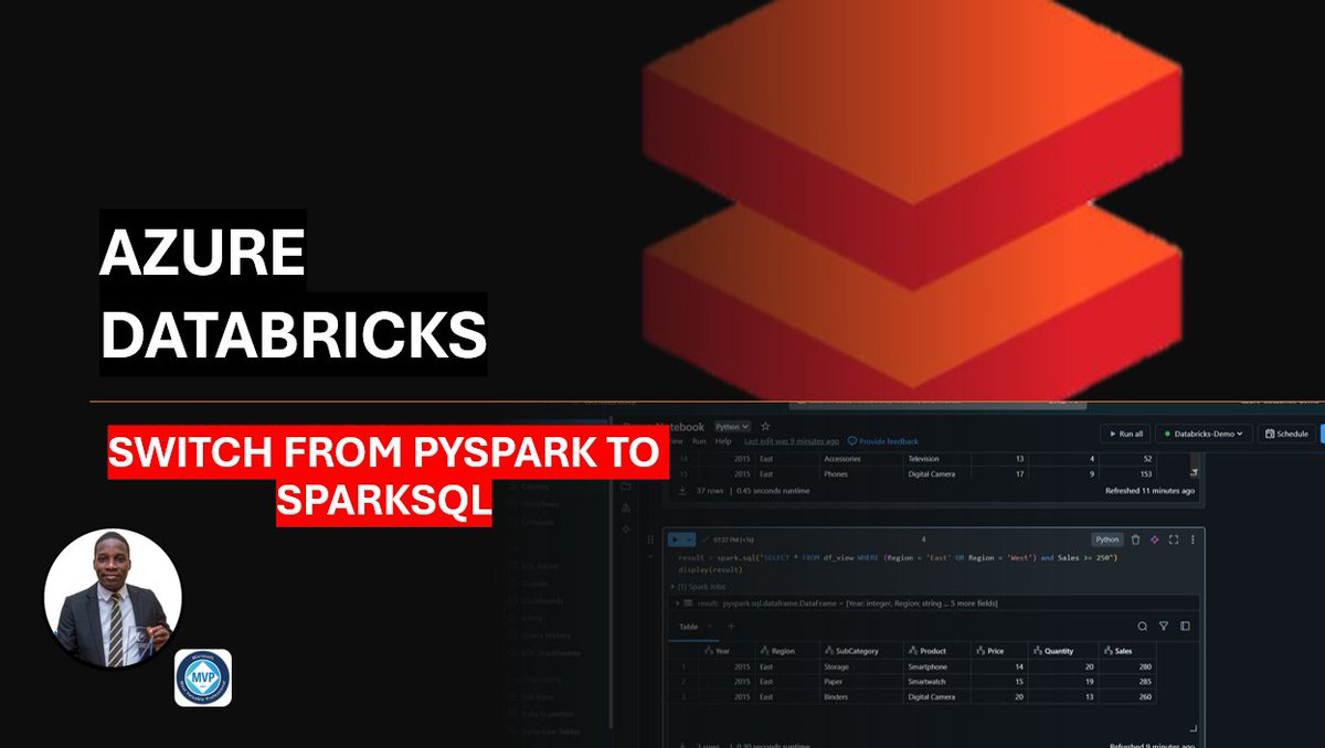 AbiolaDavid01's tweet image. ✨New Video: In this follow-up video to the last video, we considered how to quary data using the traditional SQL language by switching from PySpark to Spark SQL .
Watch Here: youtu.be/xwXOKotycJ4

#AzureDatabricks #PySpark #SparkSQL #BigData #DataProcessing