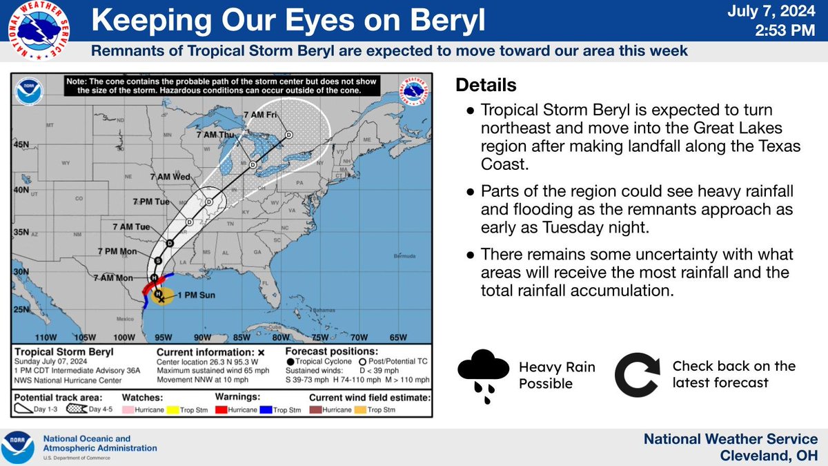 NWSCLE's tweet image. Parts of the Great Lakes region will experience the remnants of Beryl later this week. Heavy rainfall and flooding is possible as early as Tuesday night. Stay up to date with the forecast as it evolves over the next few days. #ohwx #pawx