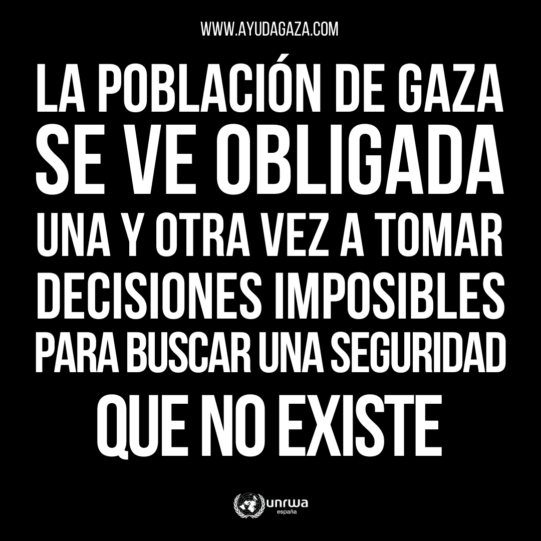 Nuestra compañera, <a href="/UNWateridge/">Louise Wateridge</a> ha sido testigo de que la población en Gaza se ve obligada a tomar "decisiones imposibles" para intentar mantenerse a salvo. 

Pero la realidad es que no hay ningún lugar seguro. Ya ha quedado demostrado. 

La seguridad en la Franja NO EXISTE.