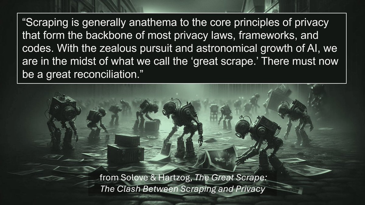 An inconvenient truth: Scraping - essential to AI - violates nearly all core privacy principles in privacy laws. For why and what to do about it, see my new article, “The Great Scrape: The Clash Between Scraping and Privacy” with Prof @Hartzog  papers.ssrn.com/sol3/papers.cf…
