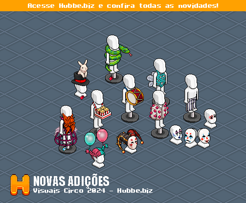 👕 | NOVOS VISUAIS  
Eles chegaram, crie agora um incrível look circense com os novos visuais adicionados. Confira a nova coleção Circo 2024 que já pode ser encontrada no hotel.  

📷Acesse já - hubbe.biz 
#habbo #habbobuilds #wired #hubbebiz #hubbehotel