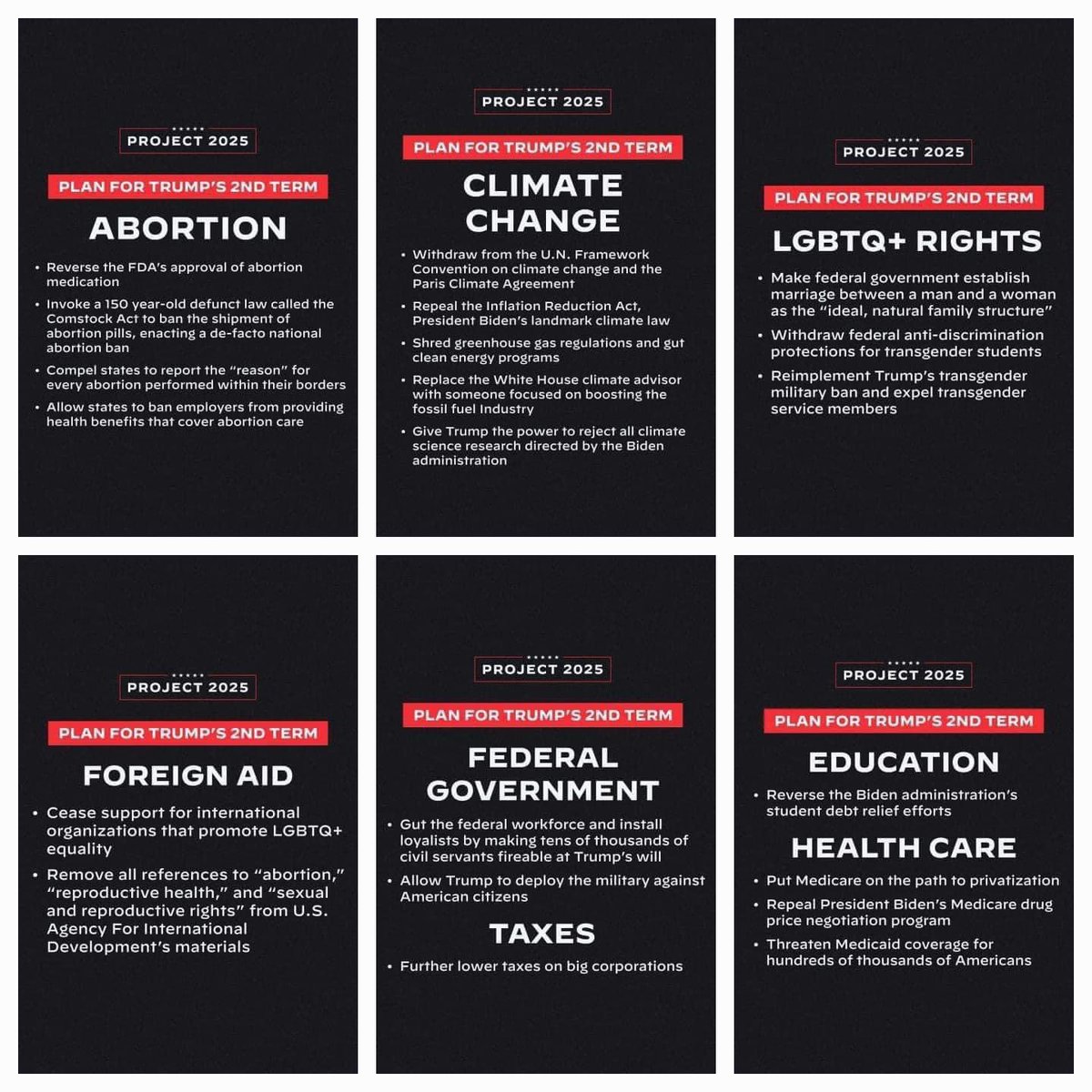 Trump's insane "Project 2025" plan intends to remove the Dept of Education, remove access to abortion drugs, limit birth control, dismantle the Dept of Homeland Security, roll back environmental regulations, deploy the military as law enforcement, create policies that center on