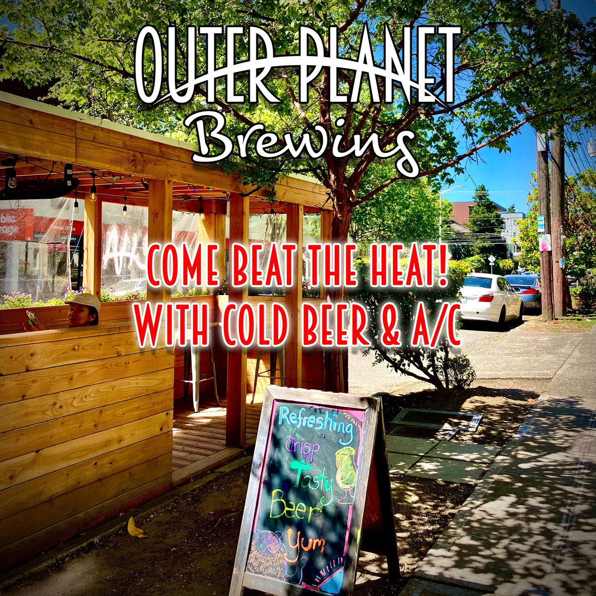 The heat is here! Worry not, we got an air conditioned taproom, a shaded patio and tasty cold beer to keep you cool ✌️ ❄️ 🍺  We're open 2-10pm today, dog-friendly and family-friendly as always 🍻