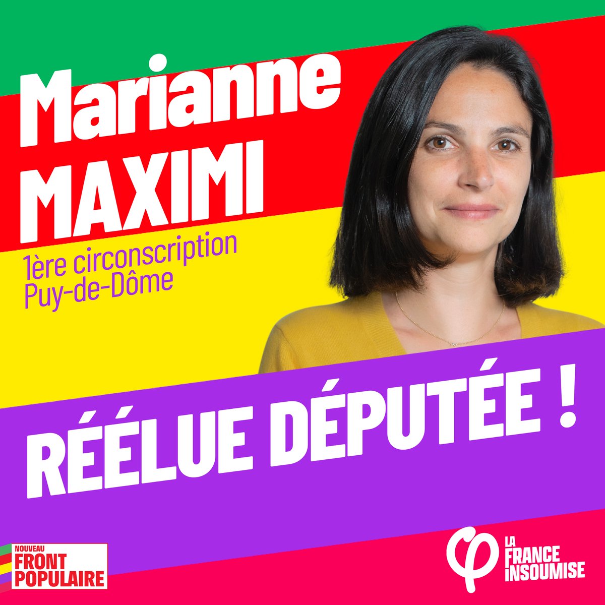 FranceInsoumise's tweet photo. 🎉 Bravo à @MarianneMaximi, réélue dans la 1ère circonscription du Puy-de-Dôme

 #NouveauFrontPopulaire #LEGISLATIVES2024  #VictoireNFP https://t.co/eJqYoy4ThL