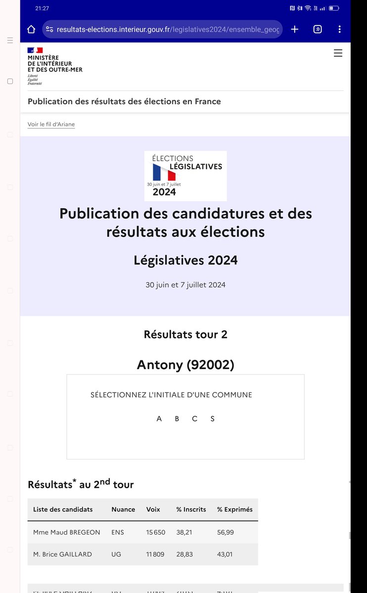 behrouzroumi's tweet photo. Résultats d'Antony avec @MaudBregeon en tête https://t.co/1eIZEzp05p
