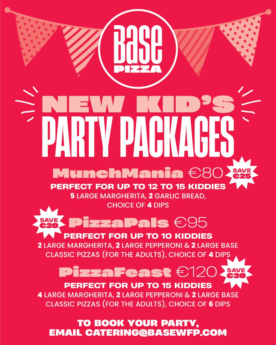 basewfp's tweet image. KID'S PARTIES 🙌🍕🥳
Let us feed the kids so you can sit back and enjoy the fun! Email catering@basewfp.com to book today!

#basewfp #basepizza #pizzacatering #dublincatering #pizza