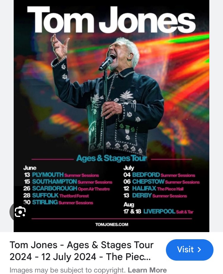 Never been to the Piece Hall in Halifax ( I hear it’s FAB ) and never seen Tom Jones . Doing both this Friday 12th July 2024 . See you there !!! 😘