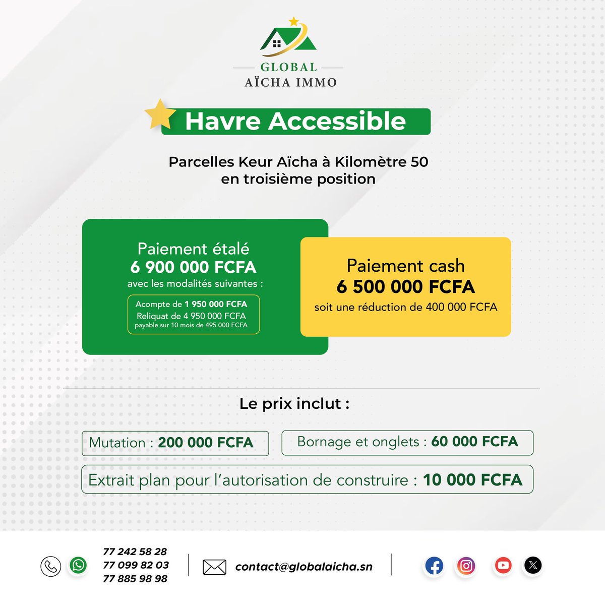 AichaImmo's tweet photo. #AywaTerrains 

#KeurAïcha moo ko fa am ! ✅ Optez pour notre offre « Havre Accessible » avec des Parcelles en 3e Position à partir de 6 500 000 FCFA ! 

Admirez cette vue du site 😍👉🏽 https://t.co/2jM51yK0w2. 

📞 77 885 98 98 
📩 globalaicha@gmail.com

#kebetu #GlobalAichaImmo https://t.co/hKM0c7NBkP