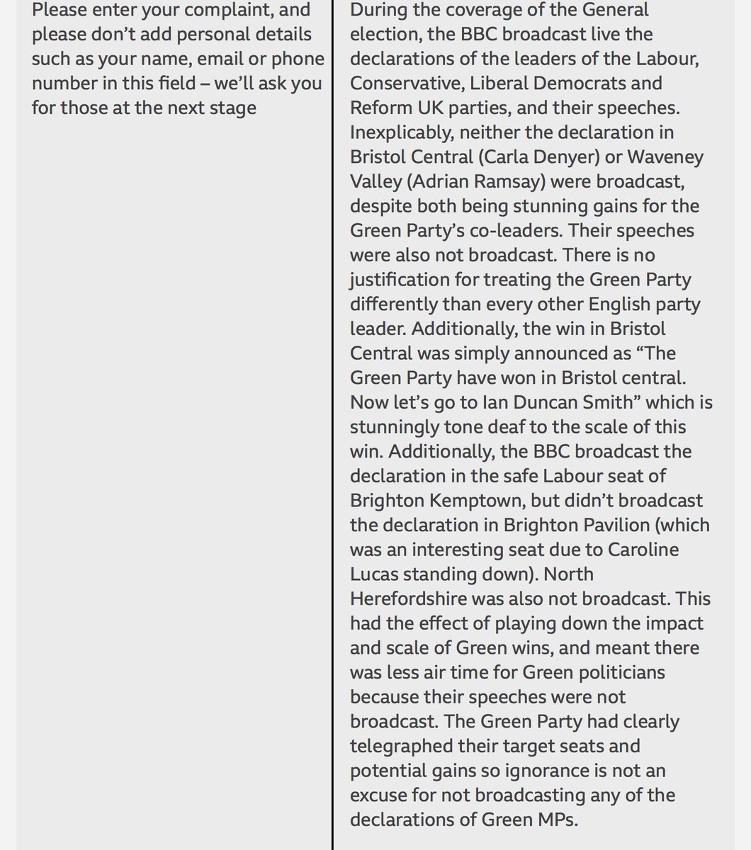 NEW 👇

I’ve submitted a complaint to the BBC for failing to broadcast <a href="/TheGreenParty/">The Green Party</a>’s four successful election declarations.

Ignoring <a href="/carla_denyer/">Carla Denyer</a>’s gain in Bristol Central and <a href="/AdrianRamsay/">Adrian Ramsay MP</a>’s gain in Waveney Valley meant they were the only English leaders not to be broadcast