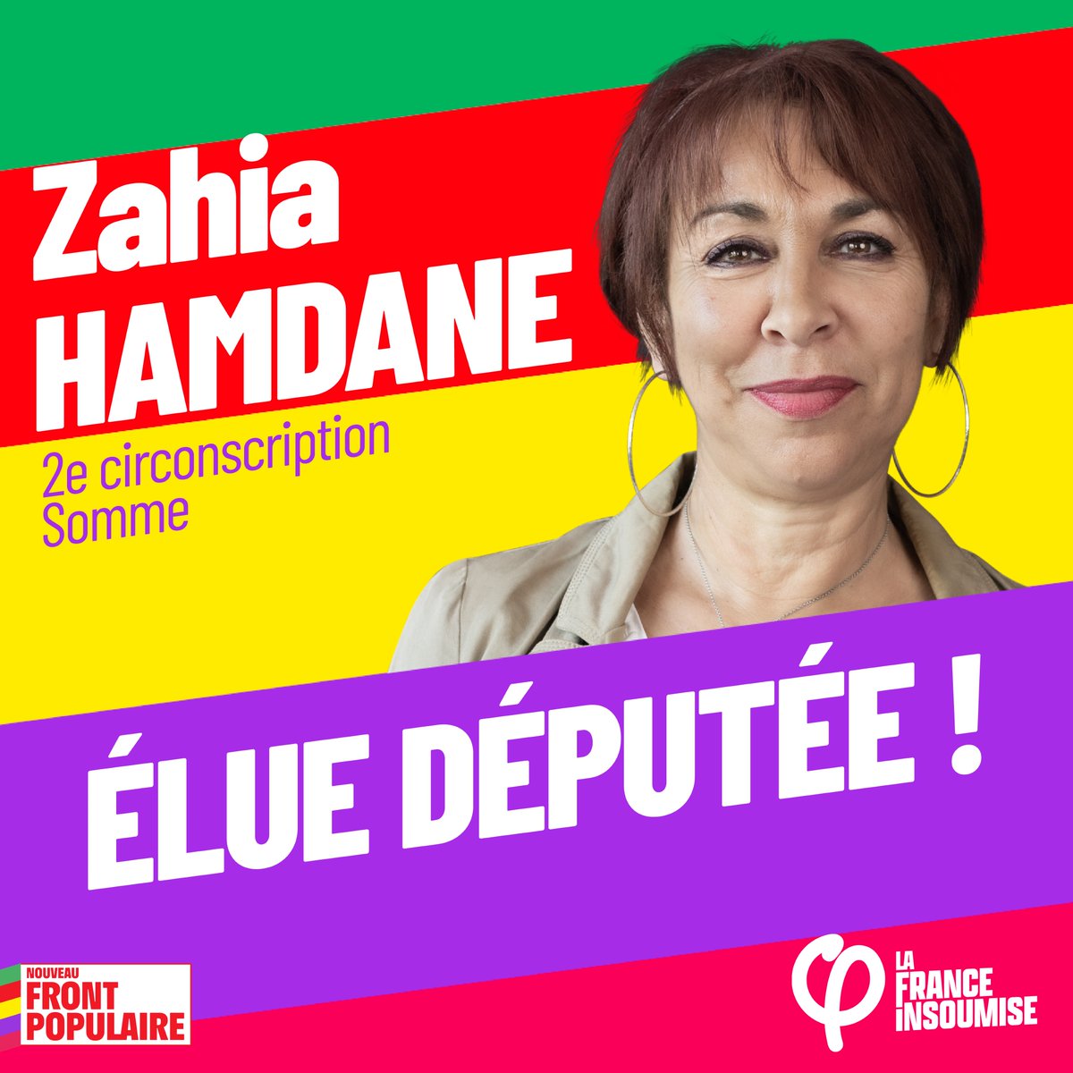 FranceInsoumise's tweet photo. 🎉 Bravo à @ZahiaHamdane, élue dans la 2e circonscription de la Somme. 

#NouveauFrontPopulaire #LEGISLATIVES2024 #VictoireNFP https://t.co/Dti1vzh6lS