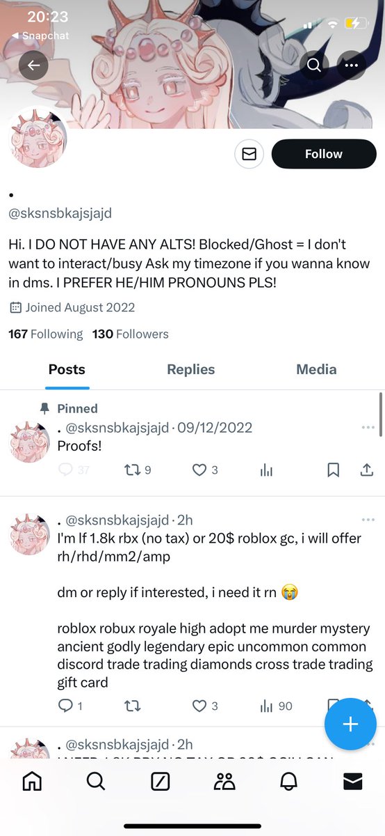 SoMelixa_'s tweet photo. y’all don’t trust @.sksnsbkajsjajd as they are a scammer.
—
proofs in the vid/ss!
A trader friend of mine got scammed so if you think of trading with them please think twice!!

person who got scammed: @shehisbd 

scammers roblox: ilovekolyanfyodor
—

🤍 !!Please stay aware!! 🤍 https://t.co/ZqeYOMUKzu