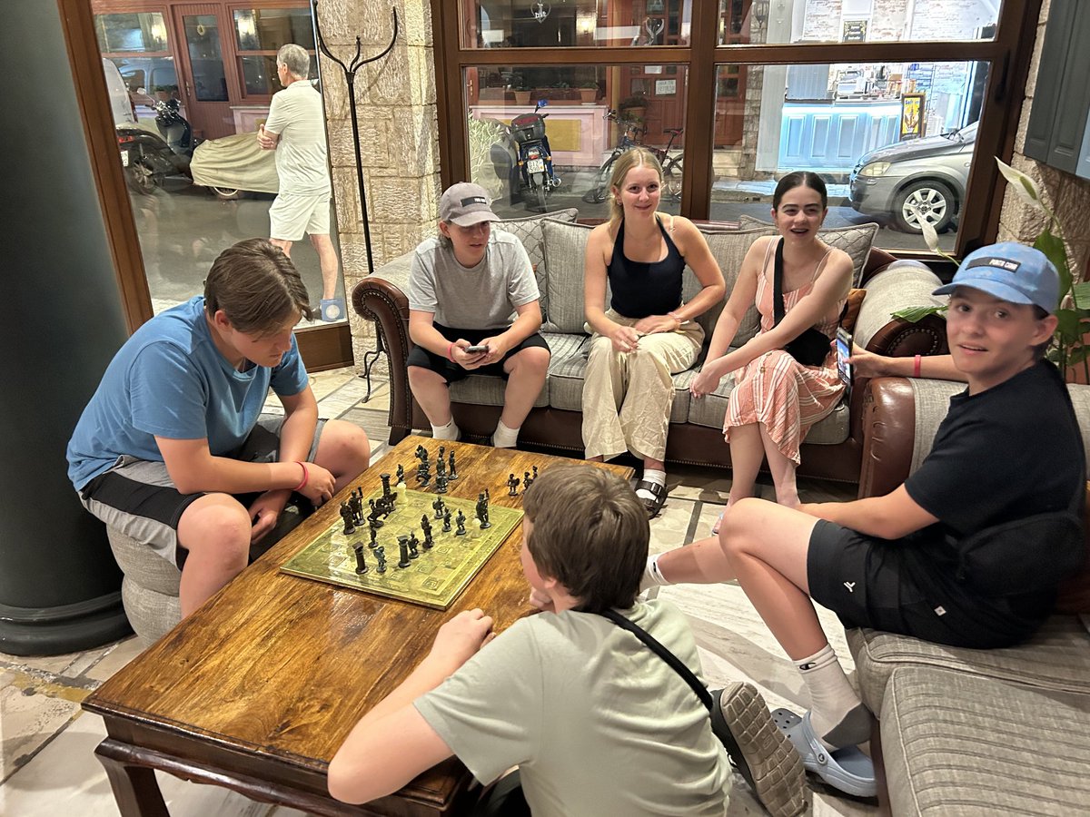 A game of chess at 600 metres above sea level in the hotel lobby overlooking the Gulf of Corinth. A great way to end the day.