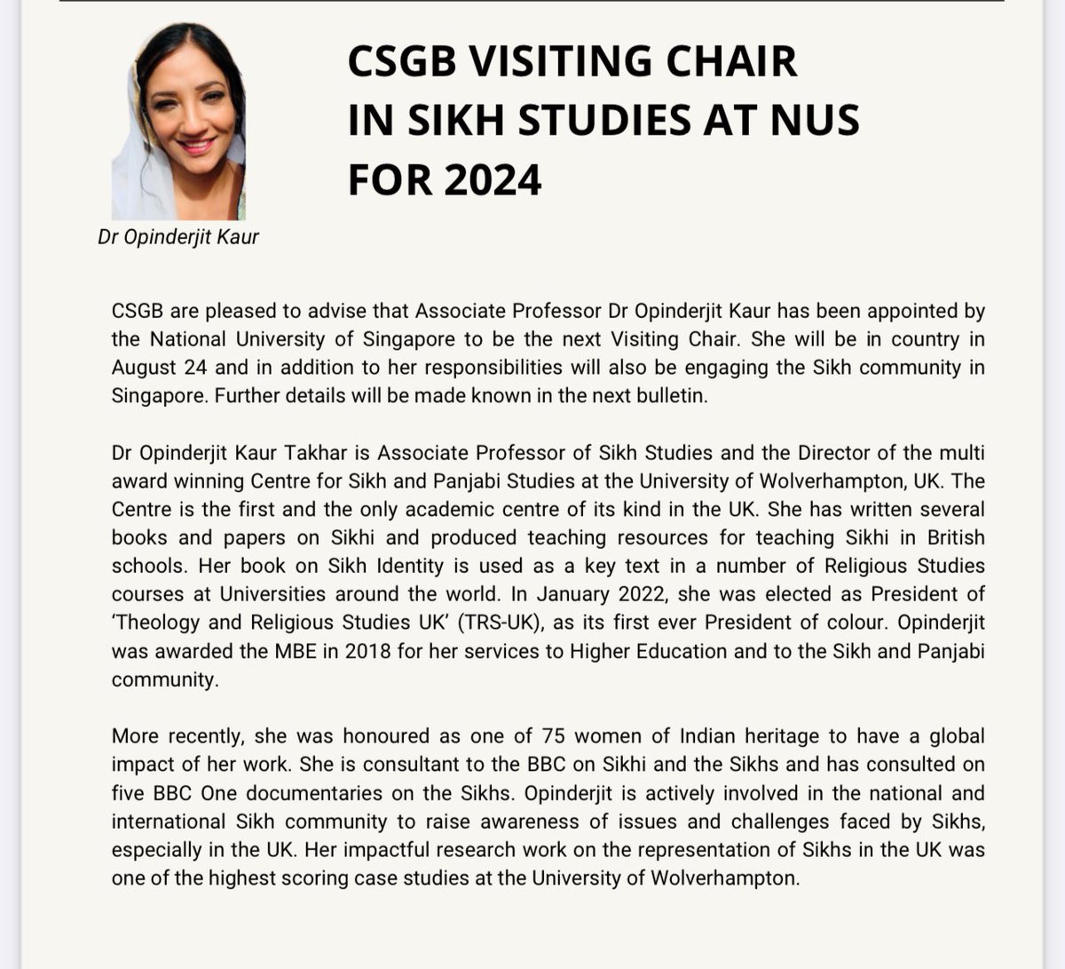 DrOpinderjit's tweet image. Delighted to share the news that I have been appointed as VISITING CHAIR OF SIKH STUDIES AT THE NATIONAL UNIVERSITY OF SINGAPORE for 2024 - the University ranks 8th in the world. Looking forward to engaging with students and the Sangat of Singapore