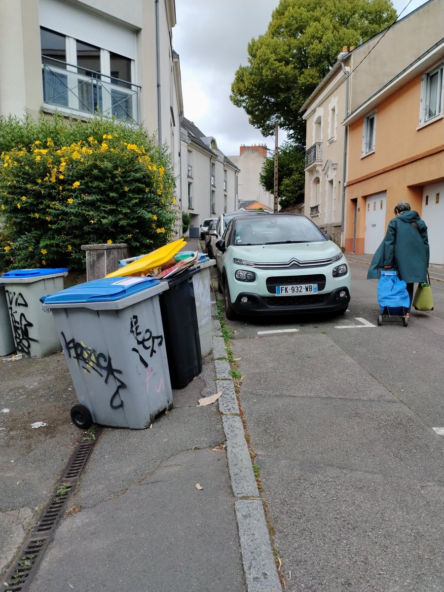 Allez les enfants, tous sur la chaussée !
Le principal c'est que les poubelles en tôle et en plastique soient en sécurité à #Nantes 
Pour assurer la #PrioPiétons , j'ai bien une idée mais ça va encore chouiner 😇😇😇🤣