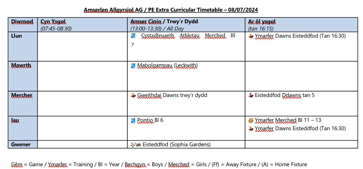 Amserlen allgyrsiol 08/07/24 

⚠️ MABOLGAMPAU YSGOL AR DDYDD MAWRTH ⚠️