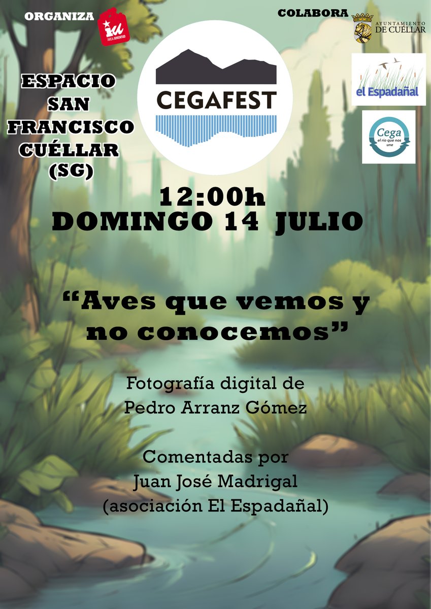 🔴Ademas de los conciertos del próximo viernes, el Domingo 14 podremos disfrutar de una charla sobre aves de nuestro entorno‼🐦🦅
colaboran El Espadañal y <a href="/Cegaelrioqueune/">Cegaelrioquenosune</a> 
📍Espacio San Francisco (Cuéllar)
📅 Domingo 14 de Julio
🕙 12:00 h