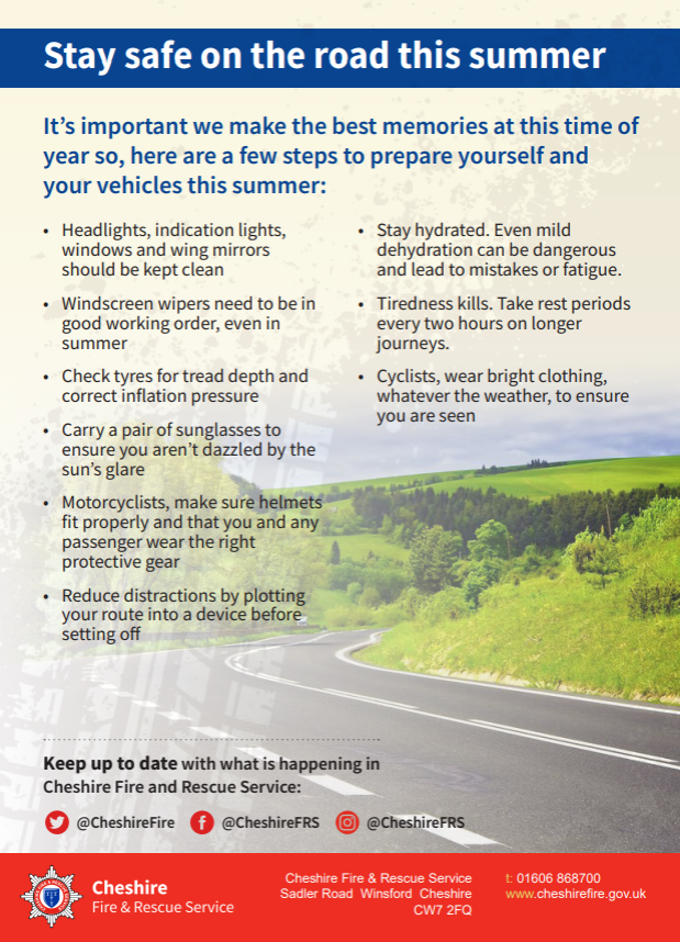 Warm weather brings extra vehicles onto our roads. Holidays and day trips in the car, towing caravans and cycle riding all put greater demands on drivers and riders as we travel further afield while the sun shines. Here are a few tips to help keep you safe this summer.