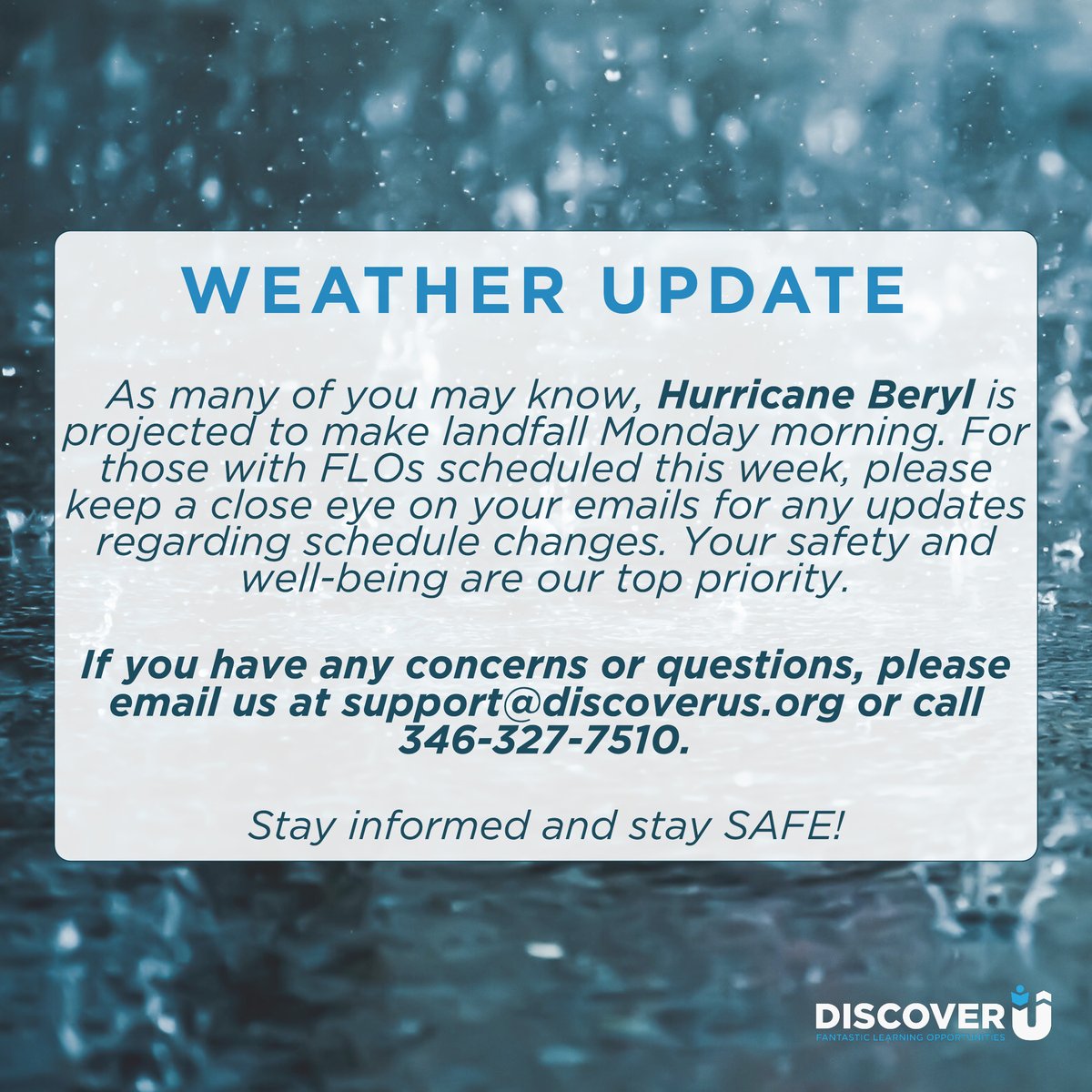 🌧️WEATHER UPDATE: Houston Students! 🌪️

As Hurricane Beryl approaches landfall tomorrow morning, we want to ensure your safety and keep you informed about any FLO schedule changes. Please watch your emails closely for updates! 

Stay informed &amp; please stay safe, everyone! ❤️