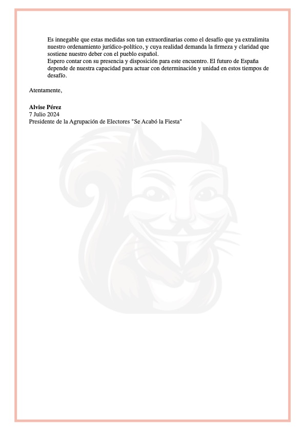 ALVISEPEREZNEWS's tweet image. 📰 ACTUALIDAD
Alvise Pérez solicita a Abascal y Feijóo una Junta de Unidad Nacional‼️

En una carta abierta, Alvise ha pedido una reunión inmediata con los dirigentes del PP y VOX para tratar la &apos;crisis migratoria&apos; y el &apos;Estado de la Oposición&apos;, motivado por los resultados en…