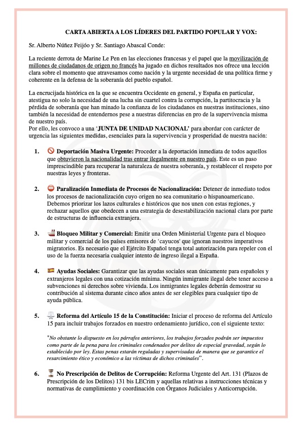 ALVISEPEREZNEWS's tweet image. 📰 ACTUALIDAD
Alvise Pérez solicita a Abascal y Feijóo una Junta de Unidad Nacional‼️

En una carta abierta, Alvise ha pedido una reunión inmediata con los dirigentes del PP y VOX para tratar la &apos;crisis migratoria&apos; y el &apos;Estado de la Oposición&apos;, motivado por los resultados en…