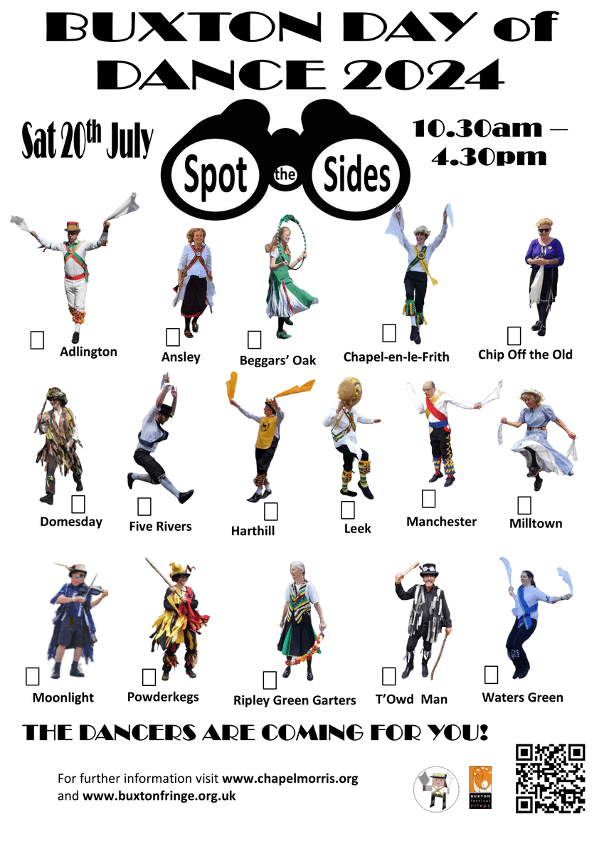 Just under 2 weeks to go till Buxton Day of Dance 2024 on Saturday 20th July.  16 wonderful dance sides  for your delectation and delight. Visit our dedicated Day of Dance page for details and download our Spot the Sides programme. chapelmorris.org/buxton-day-of-… #BuxtonDoD