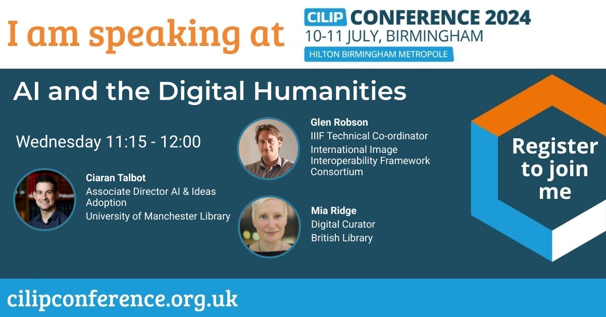 Looking forward to the CILIP Conference this week. And to joining Mia and Glen on the AI and the Digital Humanities panel  #CILIP24 I hope to see you there! invt.io/1txbkn7hfsa