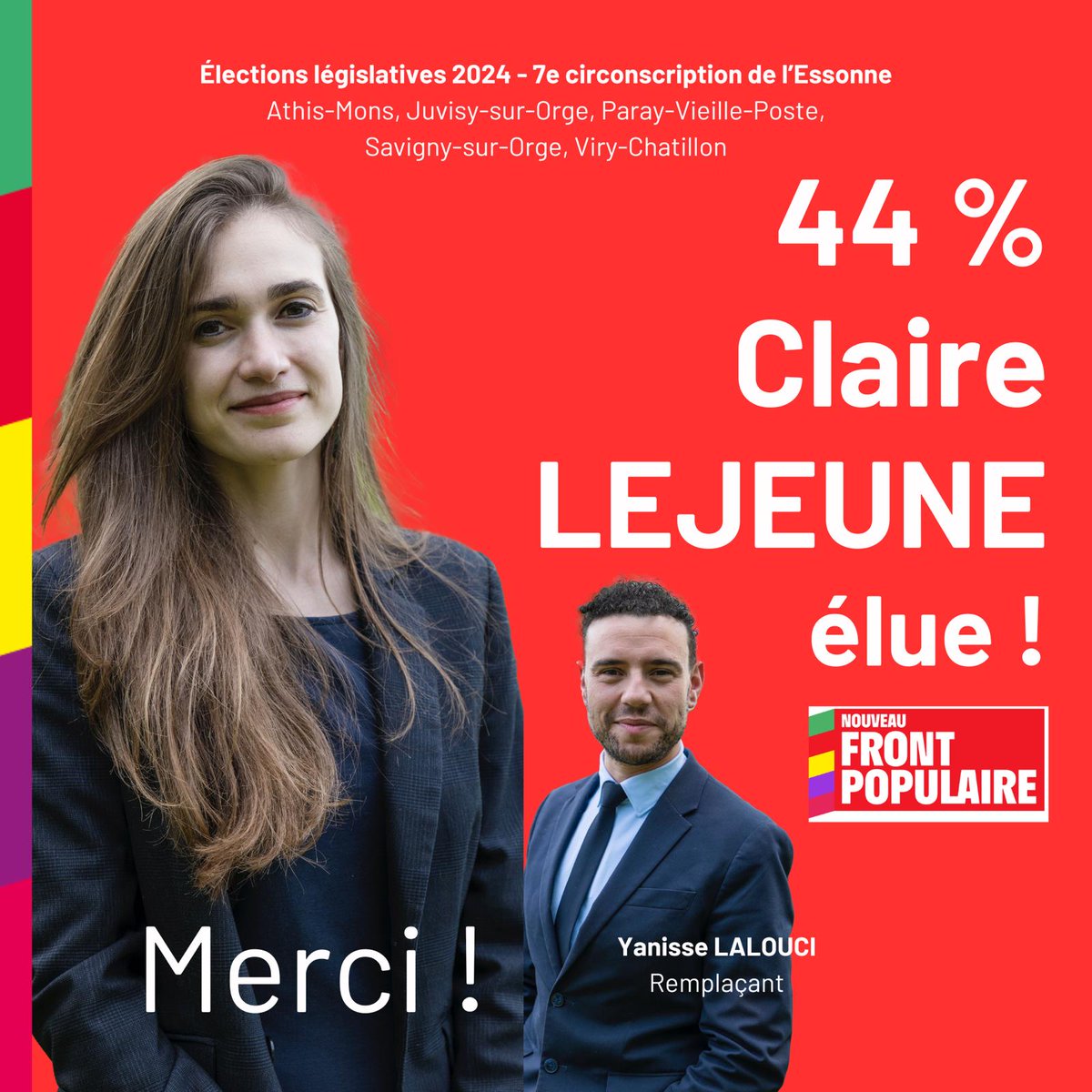 ClaireMLejeune's tweet photo. Nous avons gagné!

Je suis élue ce soir!

Un immense merci pour votre confiance, merci aux militants,  merci aux électeurs.

A la bataille, pour le programme du #NouveauFrontPopulaire, pour la justice, pour l'écologie, pour notre République qui a su magnifiquement se réveiller🇫🇷 https://t.co/tVSSLDhe0q