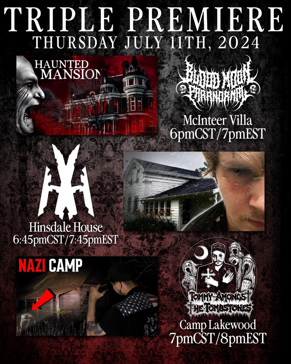 What’re you doing Thursday night?? You could be watching a TRIPLE PREMIERE of some of the BEST paranormal content on YouTube 🔥

THIS THURSDAY - Myself, @HauntingsWHodge, &amp; <a href="/TommyTombstone_/">Tommy Tombstone</a> all have premieres back to back to back…

Dont miss it… starts at 6pmCST/7pmEST.